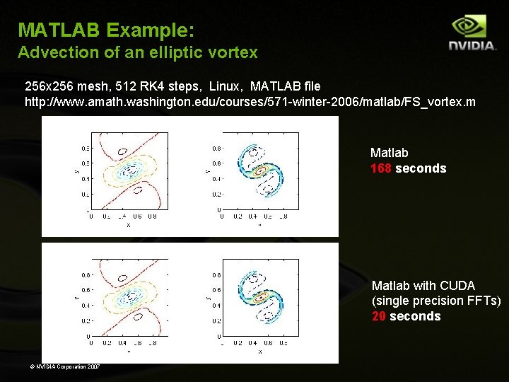 MATLAB Example: Advection of an elliptic vortex 256 mesh, 512 RK 4 steps, Linux,