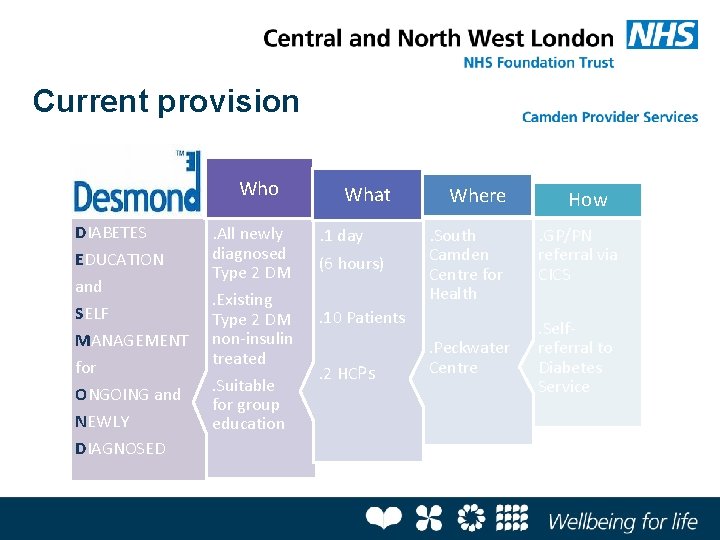 Current provision DESMOND DIABETES EDUCATION and SELF MANAGEMENT for ONGOING and NEWLY DIAGNOSED Who.