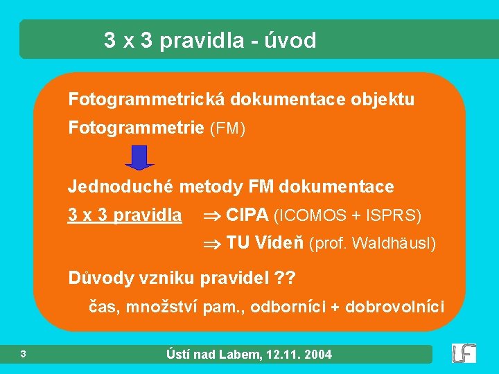 3 x 3 pravidla - úvod Fotogrammetrická dokumentace objektu Fotogrammetrie (FM) Jednoduché metody FM