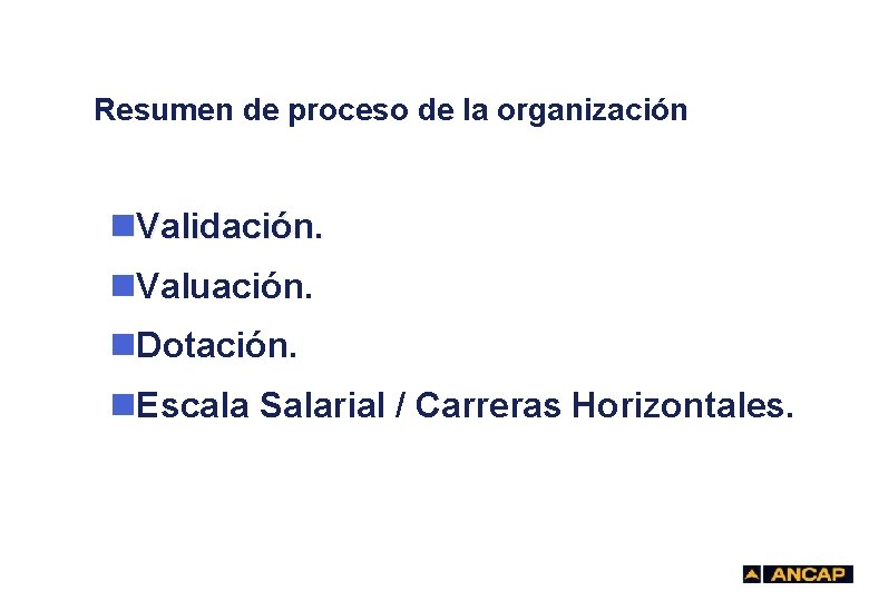 Resumen de proceso de la organización n. Validación. n. Valuación. n. Dotación. n. Escala