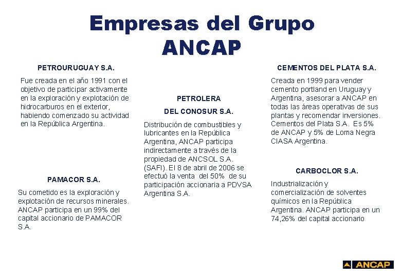Empresas del Grupo ANCAP PETROURUGUAY S. A. CEMENTOS DEL PLATA S. A. Fue creada