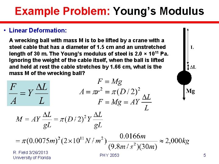 Example Problem: Young’s Modulus • Linear Deformation: A wrecking ball with mass M is