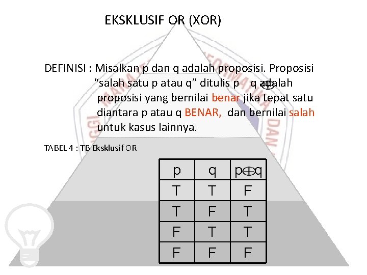 EKSKLUSIF OR (XOR) DEFINISI : Misalkan p dan q adalah proposisi. Proposisi “salah satu