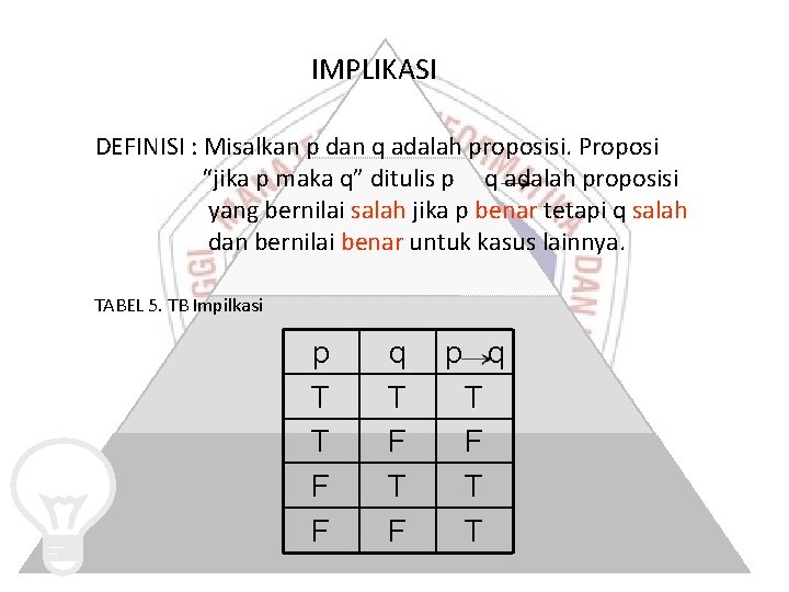 IMPLIKASI DEFINISI : Misalkan p dan q adalah proposisi. Proposi “jika p maka q”