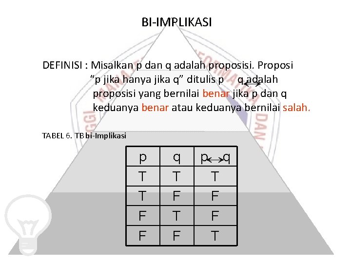 BI-IMPLIKASI DEFINISI : Misalkan p dan q adalah proposisi. Proposi “p jika hanya jika