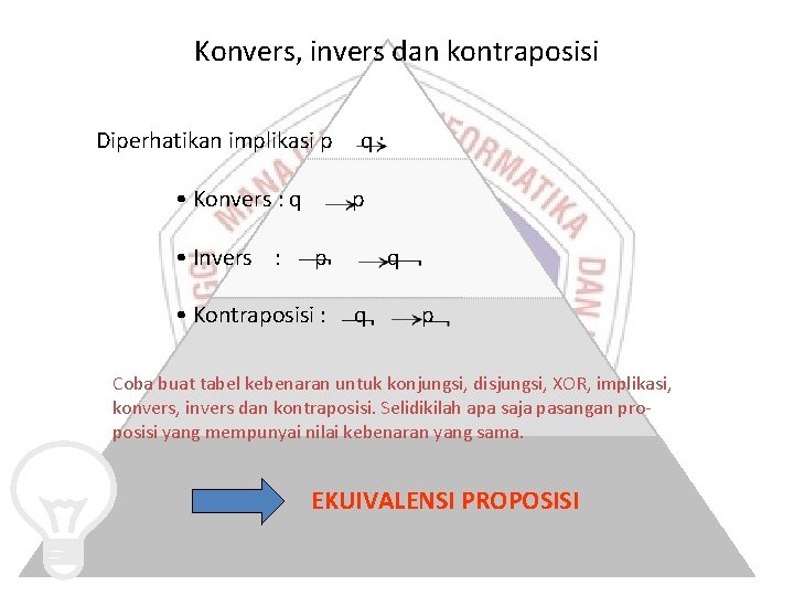 Konvers, invers dan kontraposisi Diperhatikan implikasi p • Konvers : q • Invers : Konvers, invers dan kontraposisi Diperhatikan implikasi p • Konvers : q • Invers :