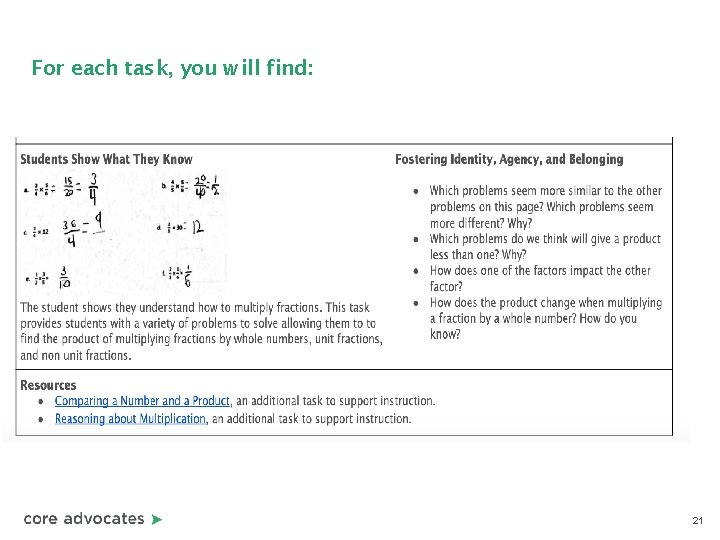 For each task, you will find: 21 