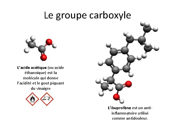 Le groupe carboxyle L’acide acétique (ou acide éthanoïque) est la molécule qui donne l’acidité