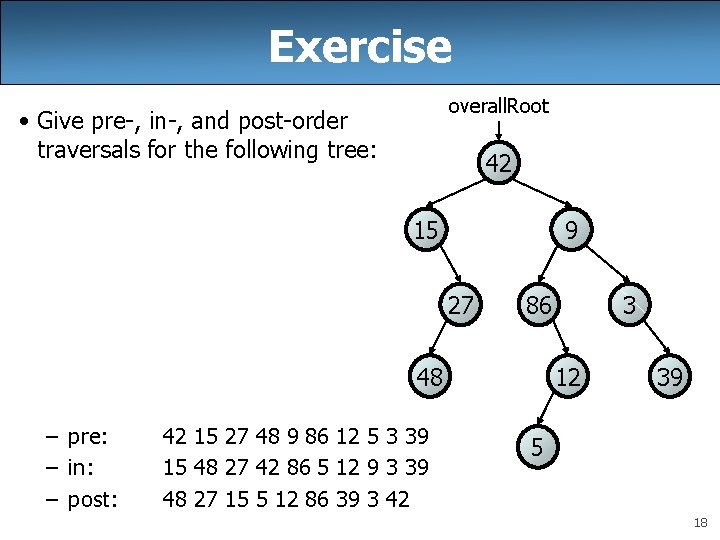 Exercise overall. Root • Give pre-, in-, and post-order traversals for the following tree: