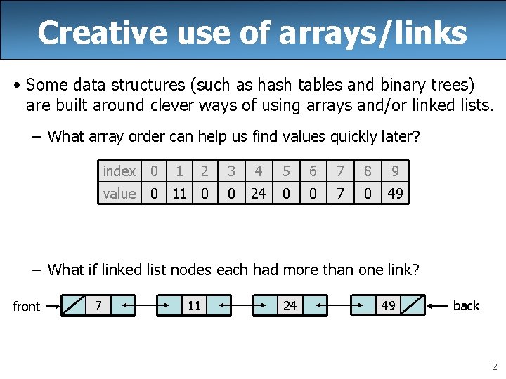 Creative use of arrays/links • Some data structures (such as hash tables and binary