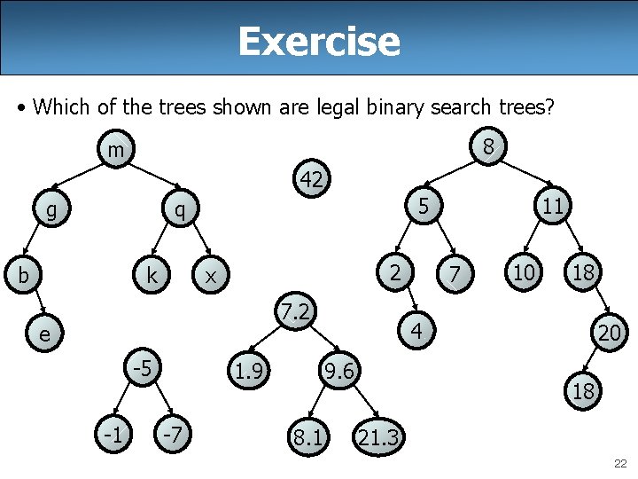 Exercise • Which of the trees shown are legal binary search trees? 8 m