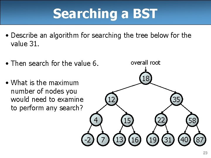 Searching a BST • Describe an algorithm for searching the tree below for the