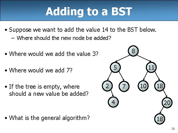 Adding to a BST • Suppose we want to add the value 14 to