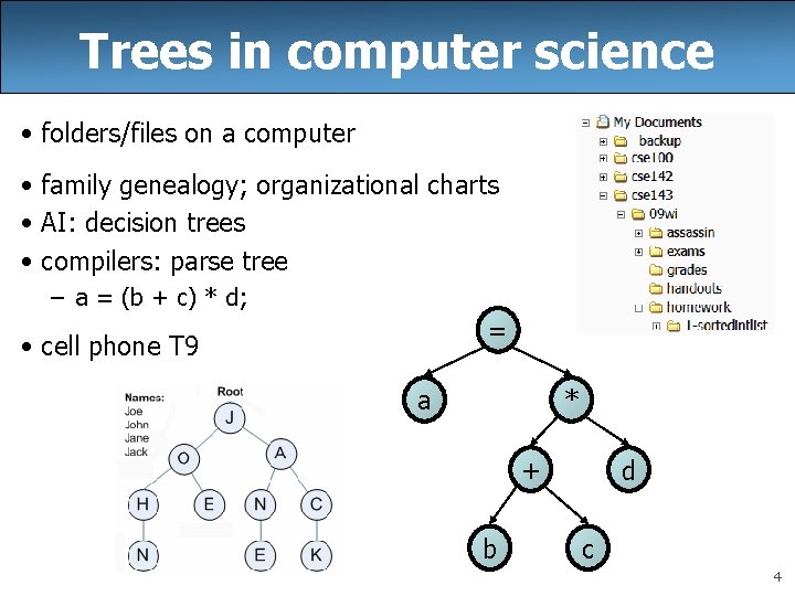 Trees in computer science • folders/files on a computer • family genealogy; organizational charts