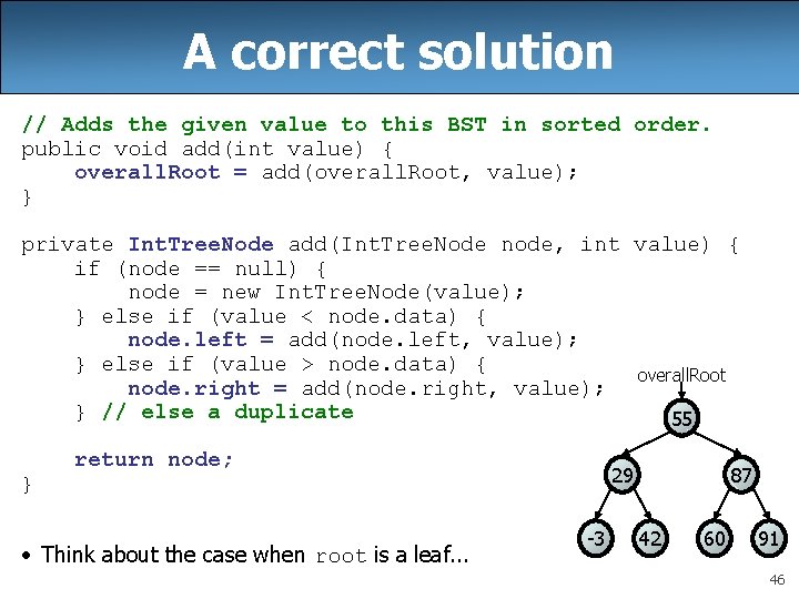 A correct solution // Adds the given value to this BST in sorted order.