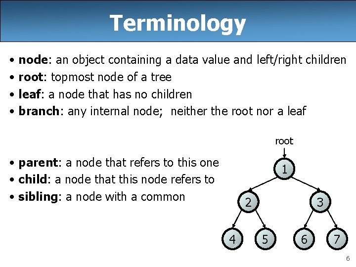 Terminology • node: an object containing a data value and left/right children • root: