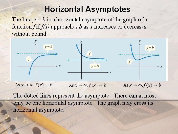 Horizontal Asymptotes The line y = b is a horizontal asymptote of the graph Horizontal Asymptotes The line y = b is a horizontal asymptote of the graph