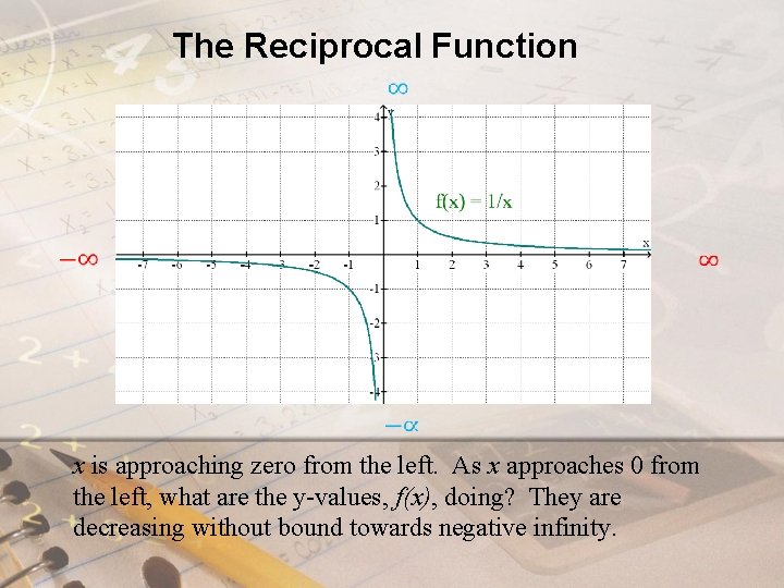 The Reciprocal Function x is approaching zero from the left. As x approaches 0