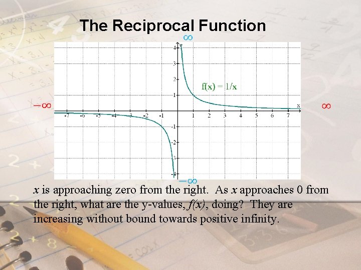 The Reciprocal Function x is approaching zero from the right. As x approaches 0 The Reciprocal Function x is approaching zero from the right. As x approaches 0