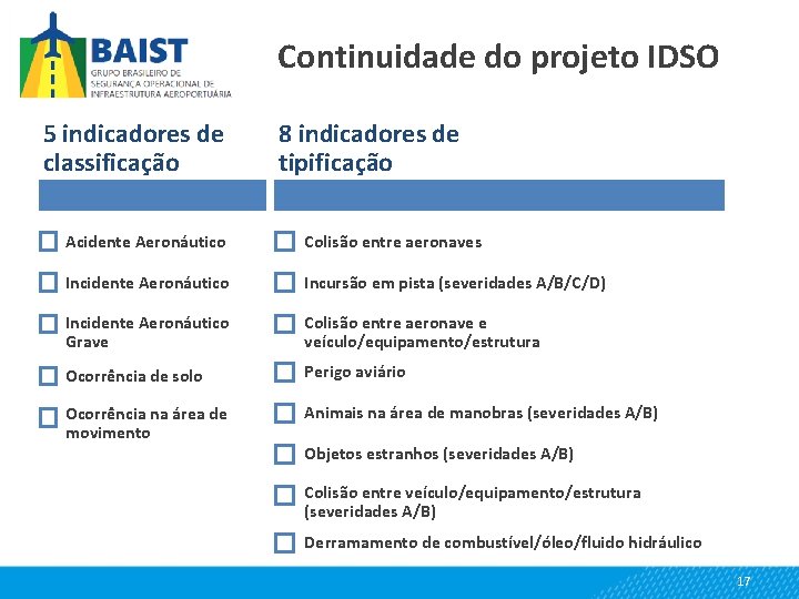 Continuidade do projeto IDSO 5 indicadores de classificação 8 indicadores de tipificação Acidente Aeronáutico