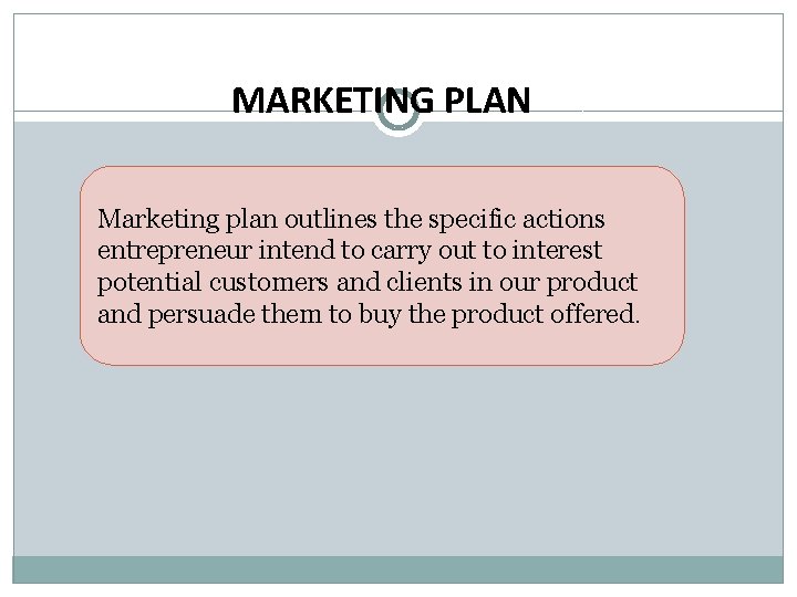 MARKETING PLAN Marketing plan outlines the specific actions entrepreneur intend to carry out to