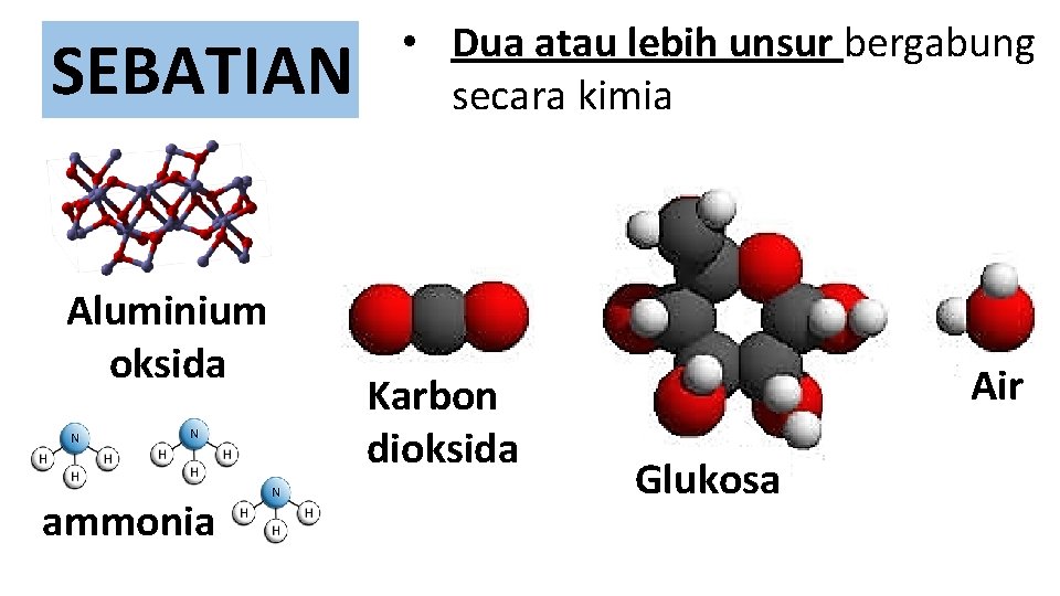 SEBATIAN Aluminium oksida ammonia • Dua atau lebih unsur bergabung secara kimia Karbon dioksida