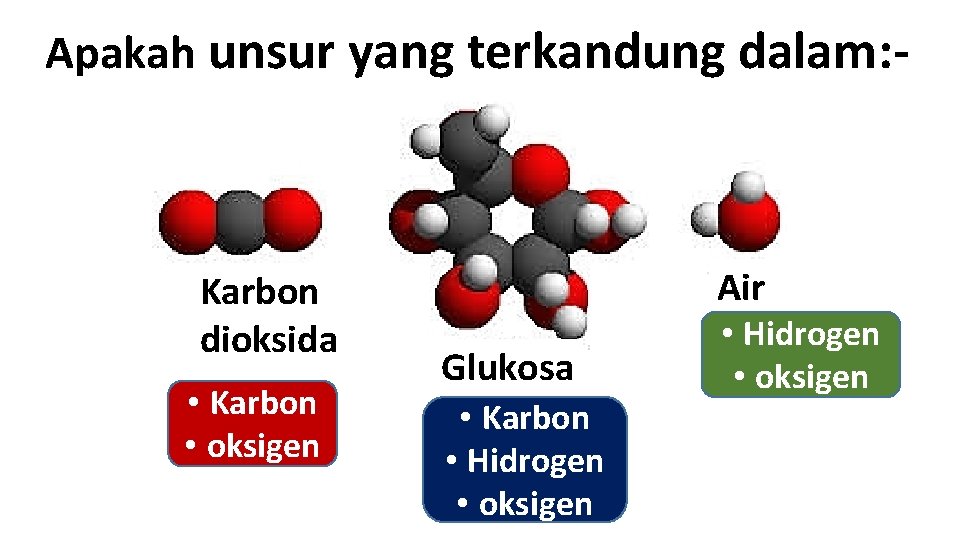 Apakah unsur yang terkandung dalam: - Karbon dioksida • Karbon • oksigen Air Glukosa