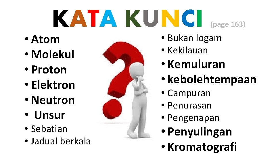 KATA KUNCI • Atom • Molekul • Proton • Elektron • Neutron • Unsur