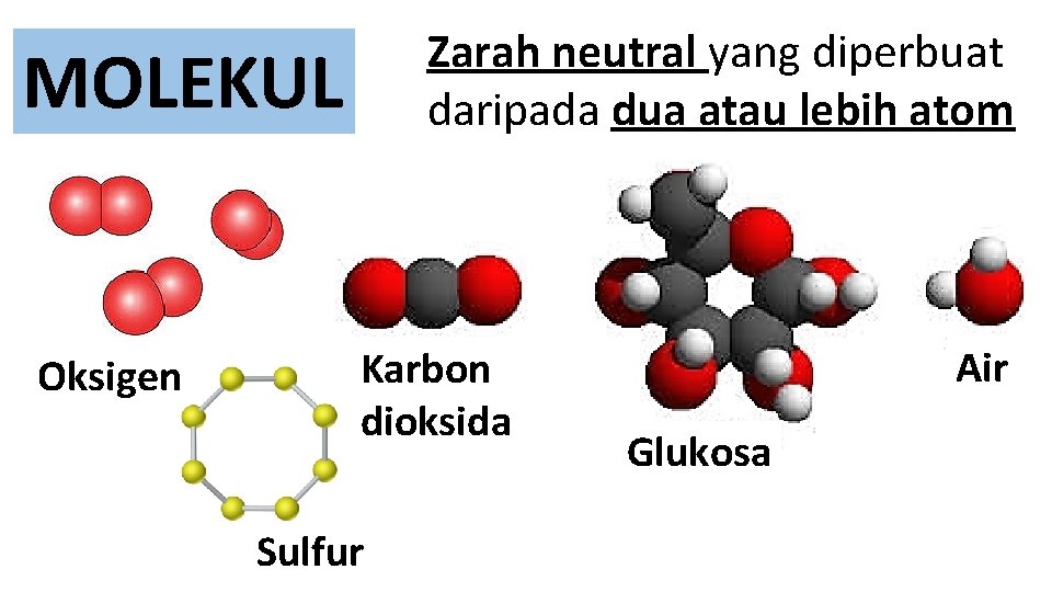 Zarah neutral yang diperbuat daripada dua atau lebih atom MOLEKUL Oksigen Karbon dioksida Sulfur