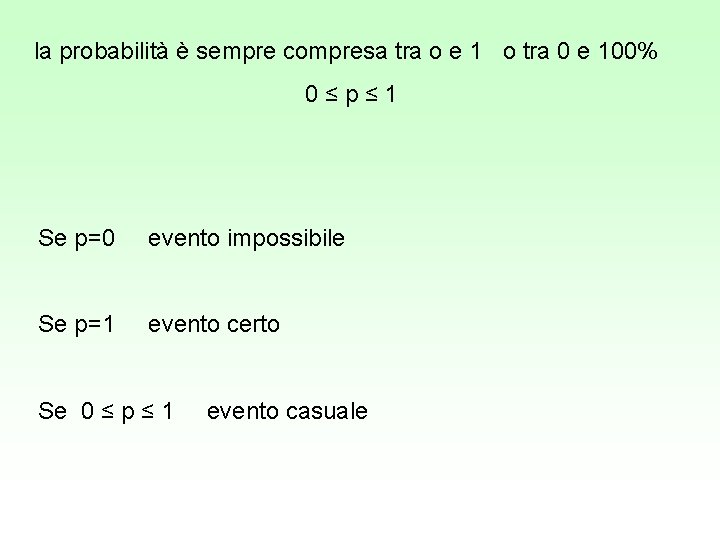 la probabilità è sempre compresa tra o e 1 o tra 0 e 100%