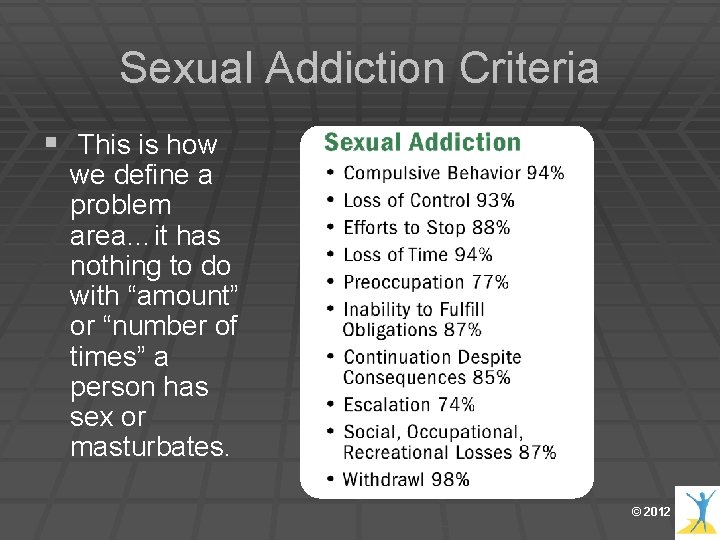 Sexual Addiction Criteria § This is how we define a problem area…it has nothing