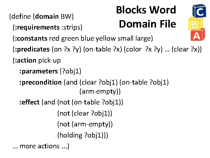 Blocks Word Domain File (define (domain BW) (: requirements : strips) (: constants red