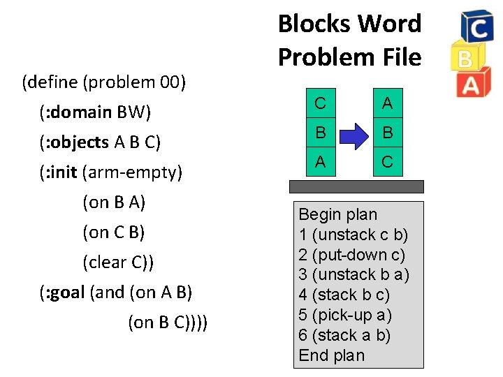 (define (problem 00) (: domain BW) (: objects A B C) (: init (arm-empty)