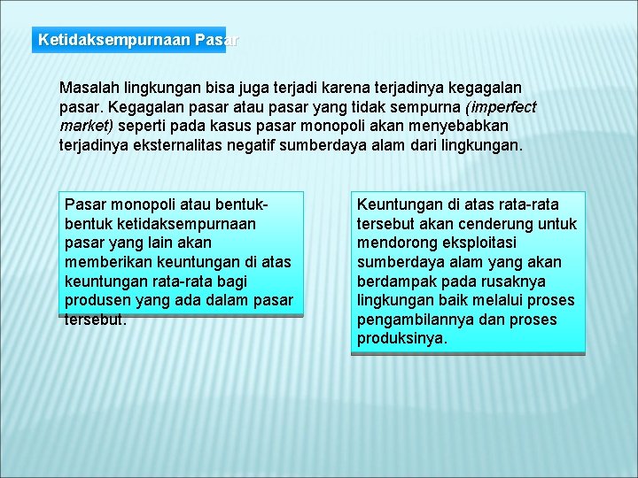 Ketidaksempurnaan Pasar Masalah lingkungan bisa juga terjadi karena terjadinya kegagalan pasar. Kegagalan pasar atau