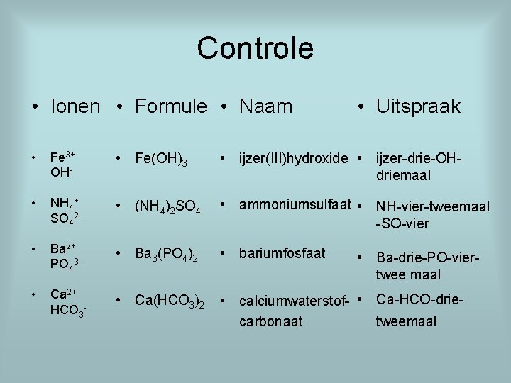 Controle • Ionen • Formule • Naam • Uitspraak • Fe 3+ OH- •