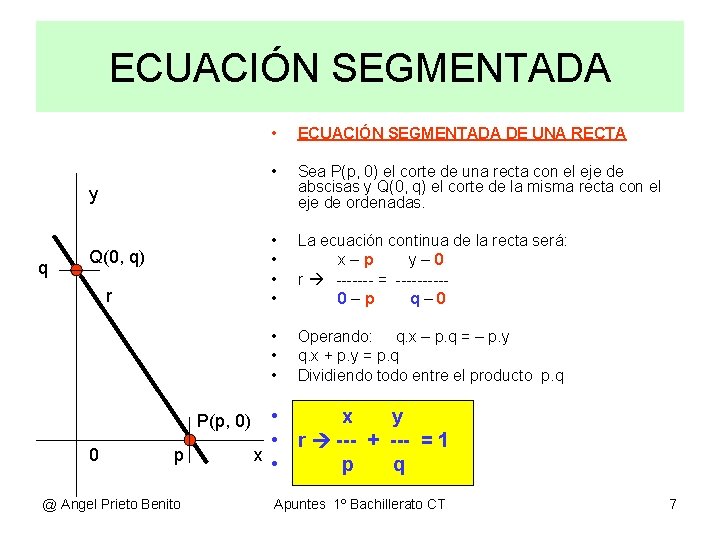 ECUACIÓN SEGMENTADA • ECUACIÓN SEGMENTADA DE UNA RECTA • Sea P(p, 0) el corte