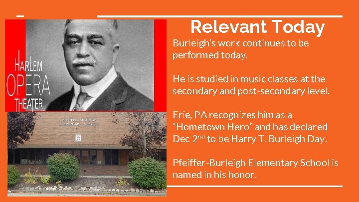 Relevant Today Burleigh’s work continues to be performed today. He is studied in music