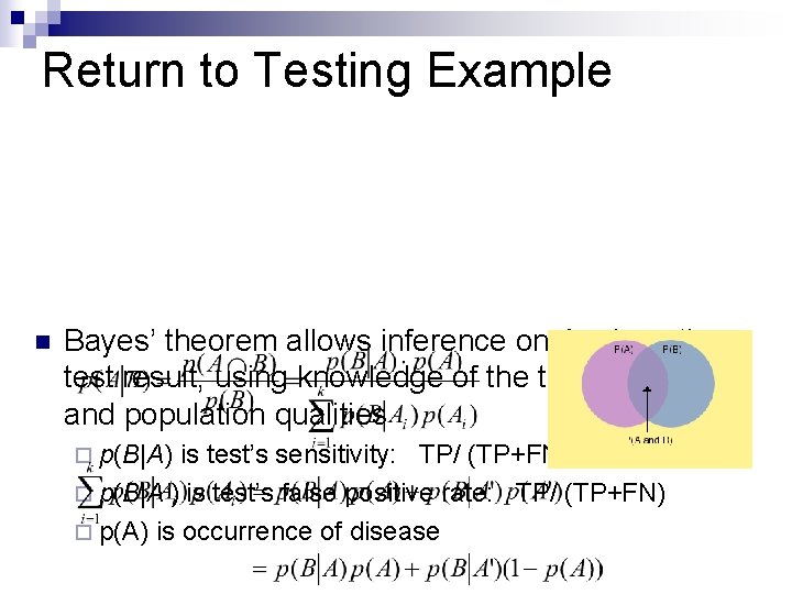 Return to Testing Example n Bayes’ theorem allows inference on A, given the test