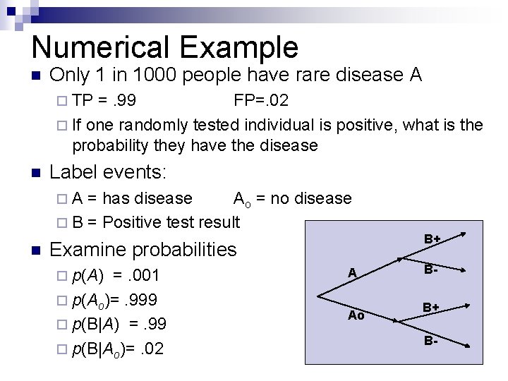 Numerical Example n Only 1 in 1000 people have rare disease A ¨ TP