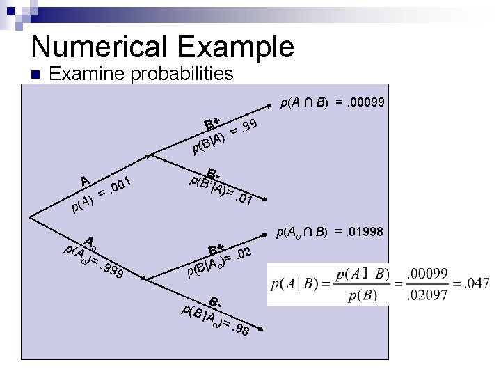 Numerical Example n Examine probabilities ¨ p(A) =. 001 ¨ p(Ao)=. 999 ¨ p(B|A)