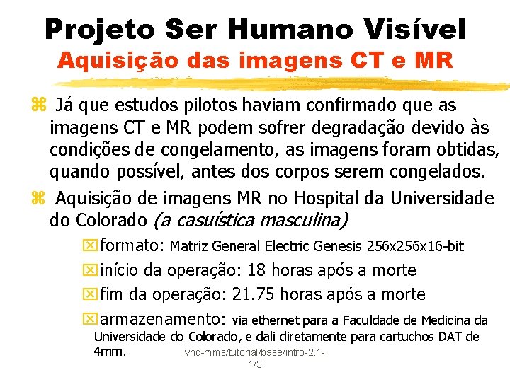 Projeto Ser Humano Visível Aquisição das imagens CT e MR z Já que estudos