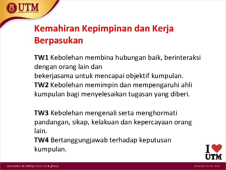 Kemahiran Kepimpinan dan Kerja Berpasukan TW 1 Kebolehan membina hubungan baik, berinteraksi dengan orang