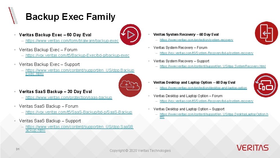 Backup Exec Family • Veritas Backup Exec – 60 Day Eval • Veritas System