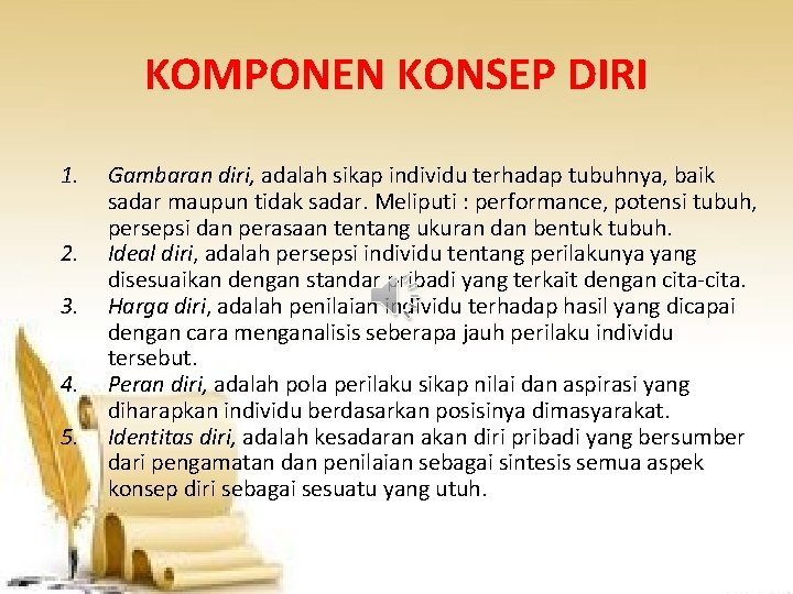 KOMPONEN KONSEP DIRI 1. 2. 3. 4. 5. Gambaran diri, adalah sikap individu terhadap