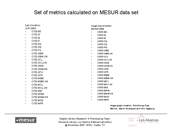 Set of metrics calculated on MESUR data set List of metrics: JCR 2004 •