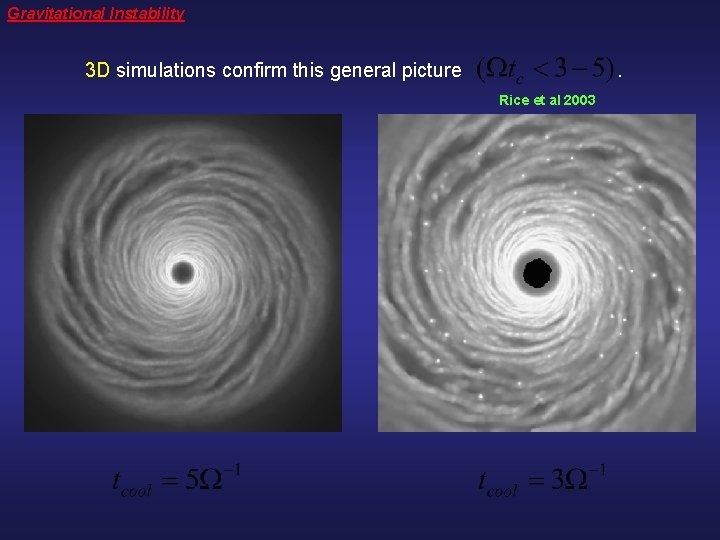 Gravitational Instability 3 D simulations confirm this general picture . Rice et al 2003
