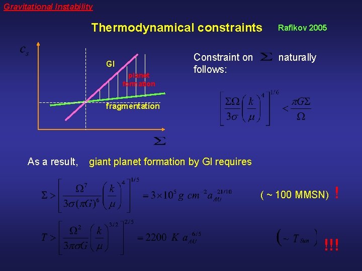 Gravitational Instability Thermodynamical constraints GI planet formation Constraint on follows: Rafikov 2005 naturally fragmentation