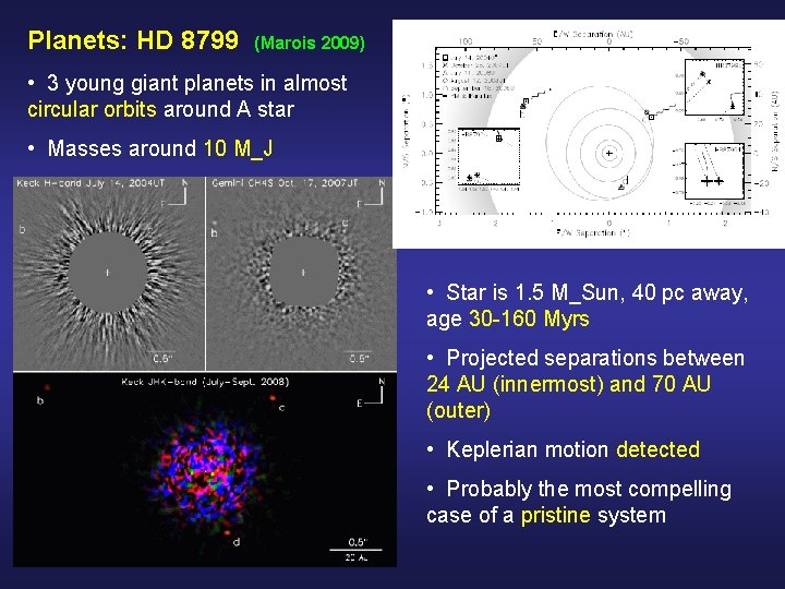 Planets: HD 8799 (Marois 2009) • 3 young giant planets in almost circular orbits