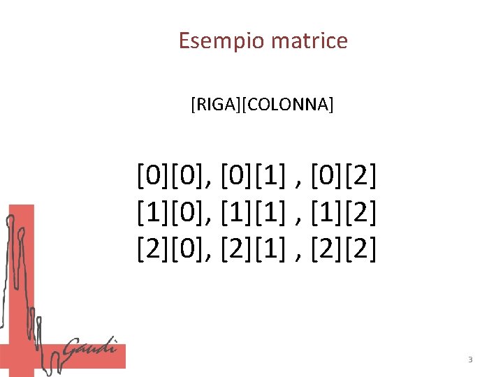 Esempio matrice [RIGA][COLONNA] [0][0], [0][1] , [0][2] [1][0], [1][1] , [1][2] [2][0], [2][1] ,