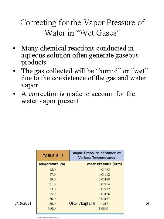 Correcting for the Vapor Pressure of Water in “Wet Gases” • Many chemical reactions